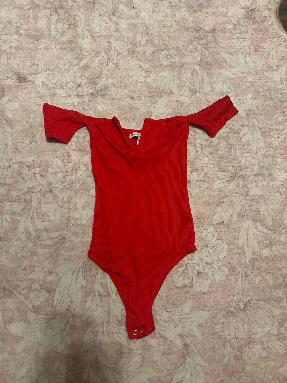 Red Ribbed Off-Shoulder One-Piece Bodysuit